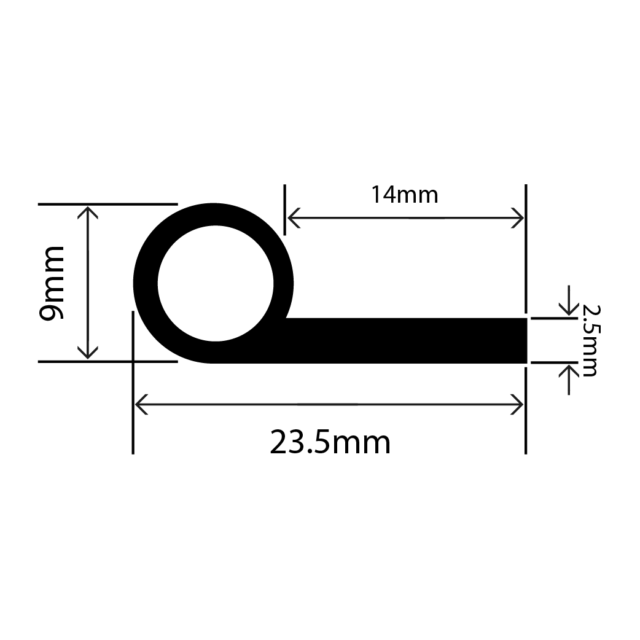 rubber EPDM P extrusion - 23.5mm x 9mm