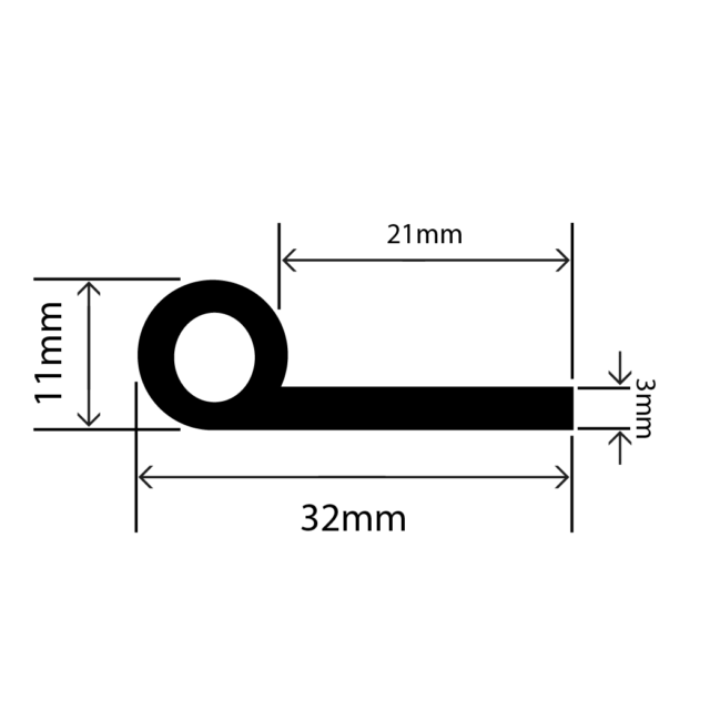 rubber neoprene P extrusion - 32mm x 11mm