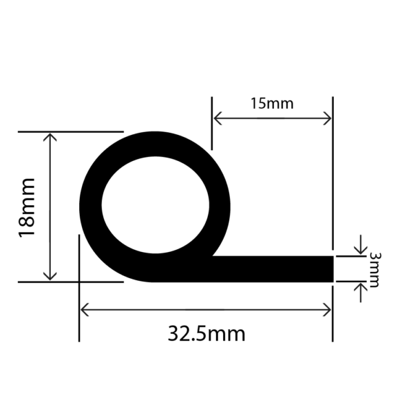 rubber EPDM P extrusion - 32.5mm x 18mm