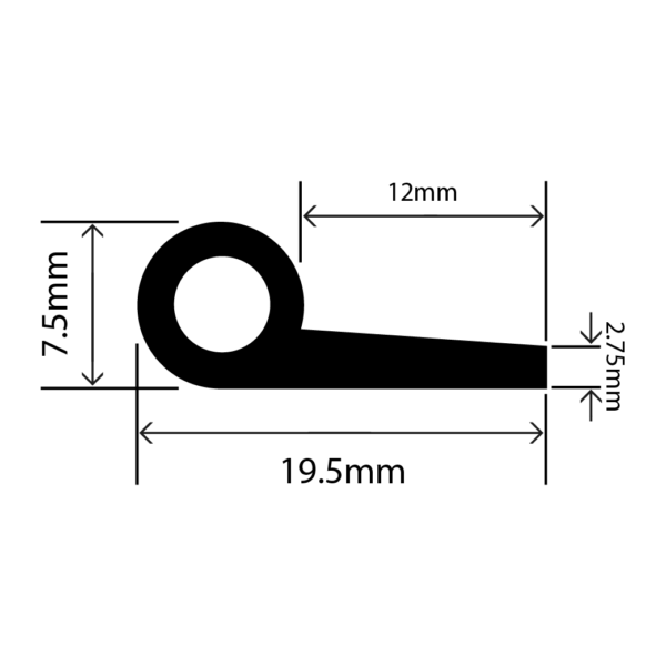 rubber EPDM P extrusion - 19.5mm x 7.5mm
