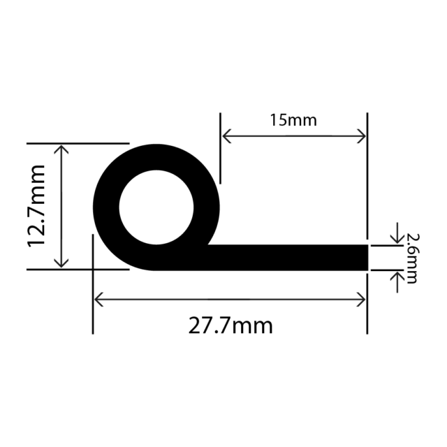 rubber EPDM P extrusion - 27.7mm x 12.7mm