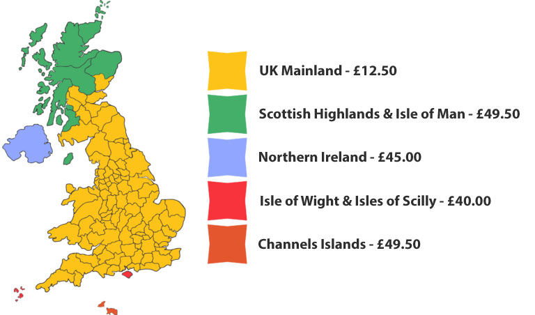 RubberSmart Delivery Prices -
UK Mainland - £12.50
Scottish Highlands & Isle of Man - £49.50
Northern Ireland - £45.00
Isle of Wight & Isle of Scilly - £40.00
Channel Islands - £49.50