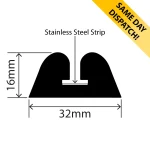 EPDM Rubber B Fender + SS Strip - 32mm x 16mm x 15m - Available for same day dispatch