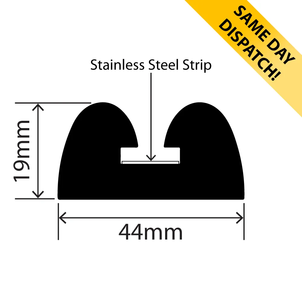 RCB-103-SS - EPDM Rubber B Fender + SS Strip - 44mm x 19mm x 15m - Available for same day dispatch