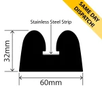 RCB-105-SS - EPDM Rubber B Fender + SS Strip - 60mm x 32mm x 12m - Available for same day dispatch