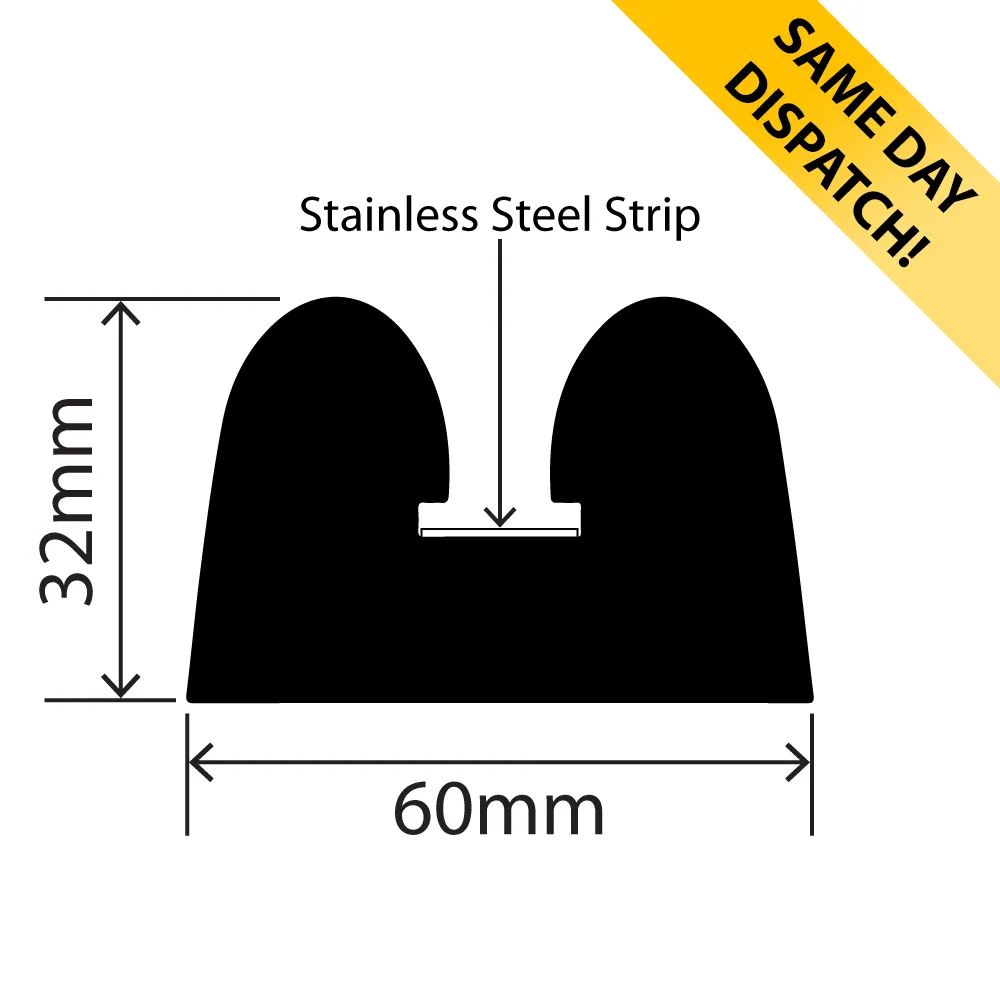RCB-105-SS - EPDM Rubber B Fender + SS Strip - 60mm x 32mm x 12m - Available for same day dispatch