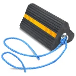 Hi-Vis Rubber Wheel Chock - 220mm x 230mm - Angled view with rope handle