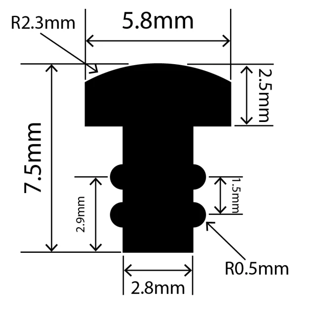 RCST5.8X7.5V - Silicone T Seal Profile 5.8mm x 7.5mm x 25m
