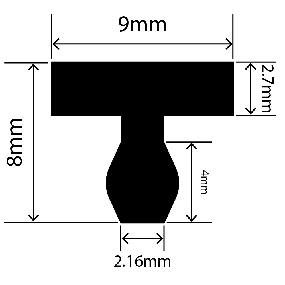 RCST9X8V - Silicone T Seal Profile 9mm x 8mm x 25m